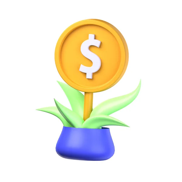 钱厂3D插图对象 被白色背景隔离 三维金融工厂概念 在一个蓝色的罐子里的钱树 3D财务向量渲染图标说明 — 图库照片