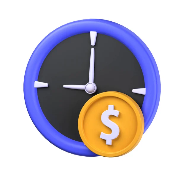 货币时间3 图解对象 被白色背景隔离 3D货币时间的金融概念 硬币在钟的前面 3D财务向量渲染图标说明 — 图库照片