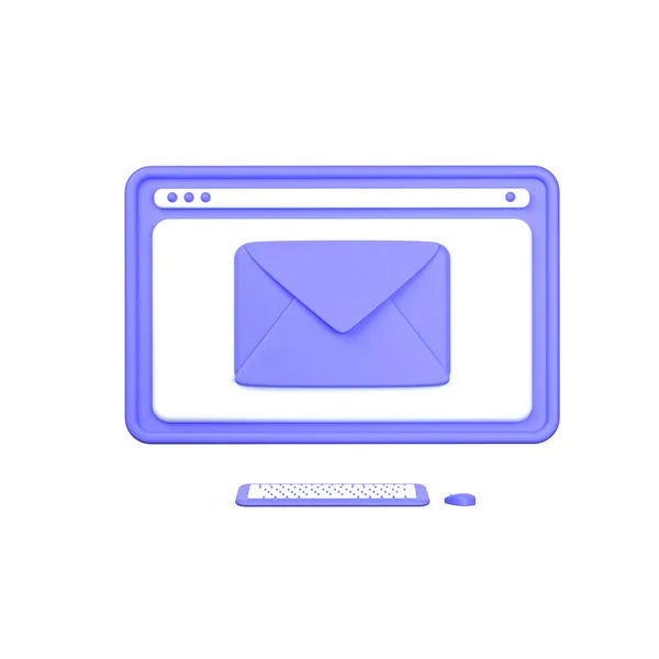 三维计算机显示器显示和包封 邮件服务 电子邮件 邮件通知 社交网络概念 — 图库照片