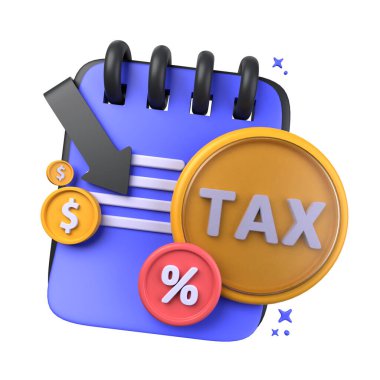 Vergi geliri beyaz arka planda izole edilmiş. Bozuk para, ok, defter. Vergi 3D konsepti. 3d hazırlayıcı