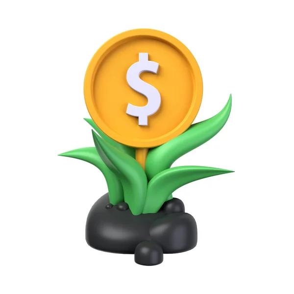 在白色背景上孤立的3D美元植物 投资3D概念 绿色叶子植物和黑色石头上的一美元硬币 3D渲染 — 图库照片