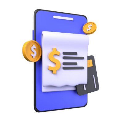 3d illüstrasyonun mobil aktarımı beyaz arkaplanda izole edildi. Mavi cep telefonu, beyaz kağıt, bozuk para, kredi kartı. Ödeme işlemi 3D konsepti. 3d illüstrasyon