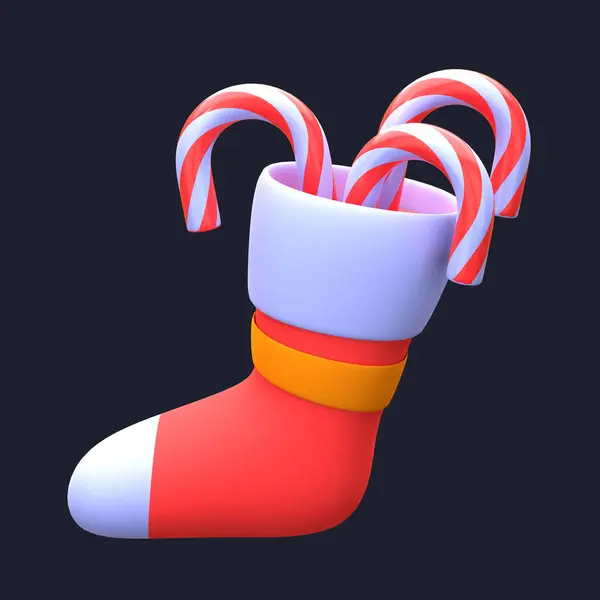 3d illustration christmas sock with candy cane object. 3D creative Christmas design icon. 3D Rendering.