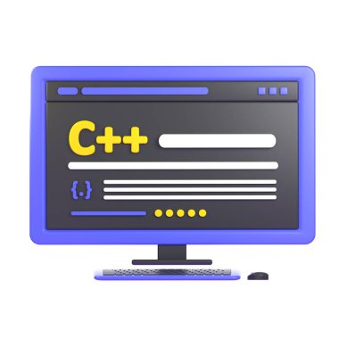 Ekranda kod sembolü olan bilgisayar monitörü. 3D illüstrasyon simgesi. Çizgi film biçimi.