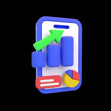 Çevrimiçi Büyüme Grafiği 3d çizimi siyah bir arkaplanda izole edildi. İnternet pazarlama 3 boyutlu simge konsepti. 3d hazırlayıcı