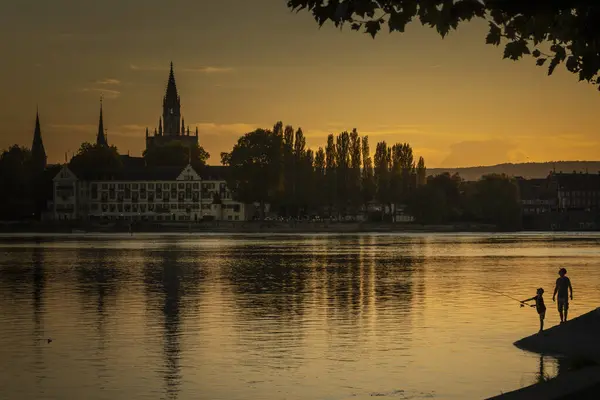 Sunset Mood Father Teaches His Son Constance Lake Constance How — Stockfoto