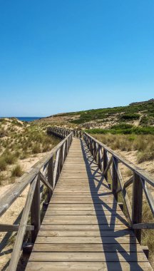 Cala Mesquida, Mallorca, İspanya 'daki kum tepelerinde ahşap yol.