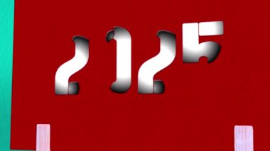İnce Metin Animasyonlu 2025 Sembolü. 2025 Güzel Kırmızı Dikdörtgen Kağıt Metin Üzerinde Tahta Çamaşır iğnesi ile tutulan, Yeşil Çizelge Kağıt Arkaplan