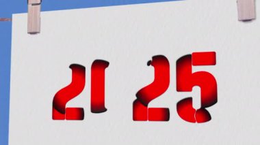 İnce Metin Animasyonlu 2025 Sembolü. Güzel Beyaz Dikdörtgen Kağıt üzerine 2025 Metin Tahta bir mandala asılı, Mavi Çizelge Kağıt Arkaplan