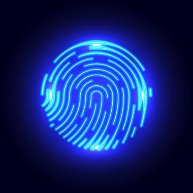 Dijital güvenlik koyu arkaplanı tarıyor. Parmak izi örneği eşsiz anahtar erişim veya gizlilik kodu için biyometrik veri toplamak için kullanılan benzersiz kimlik verilerini gösterir.