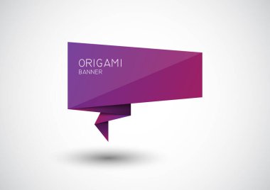 Mor Origami Bayrağı. Eşsiz promosyonlar için vektör illüstrasyonu. Dinamik katlanmış tasarım reklamcılıkta dikkat çekmek için mükemmel..