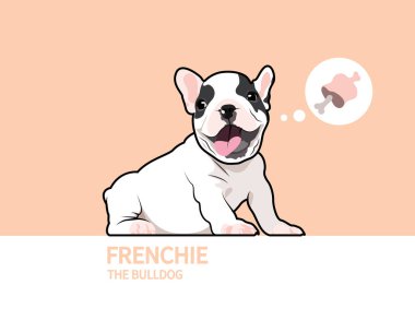 Sevimli bir Fransız Bulldog yemek bekliyor ve en sevdiği de düşünme baloncuğunda görünüyor. Sevimli bir Fransız Bulldog yemek bekliyor, ve en sevdiği ziyafet bir düşünce balonunda gösteriliyor..