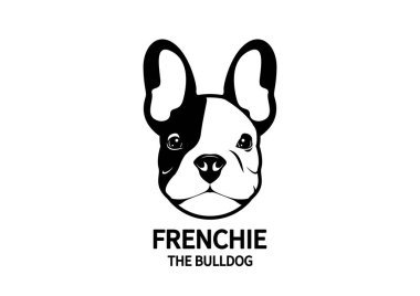 Sevimli Siyah ve Beyaz Fransız Bulldog Surat. Siyah beyaz logolu, tavşan kulaklı tatlı Fransız. Vektör çizimi, sevimli bir Fransız Bulldog 'unun karşı konulmaz cazibesini yansıtıyor..