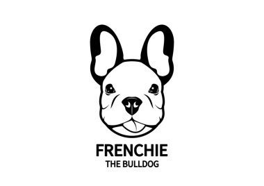 Sevimli Fransız Buldog Kafa Portresi. Tavşan kulaklı ve siyah beyaz logolu arsız yüzlü tatlı Fransız. Vektör çizimi, bir Fransız Bulldog 'unun sevimli yüzünün tapılası özünü yakalıyor..