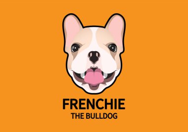 Fransız Bulldog suratı, portre şeklinde portresi turuncu arka planda. Herhangi bir sanat eseri için köpek etiketi sevimli ve sevimli bir dizayndır..