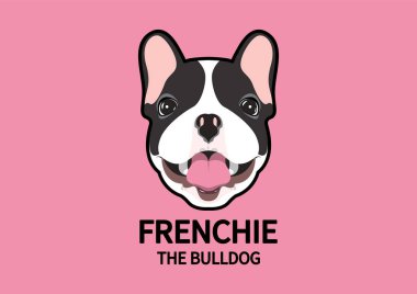 Fransız Bulldog suratı, pembe arka planda ağzı açık bir resim. Herhangi bir sanat eseri için köpek etiketi sevimli ve sevimli bir dizayndır..