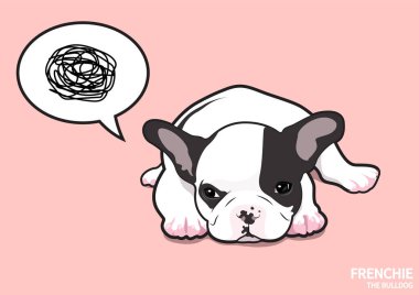 Oldukça üzgün bir Fransız. Küçük bir Fransız Bulldog sinirli, pembe arka planda karamsar bir düşünce balonuyla uzanıyor..