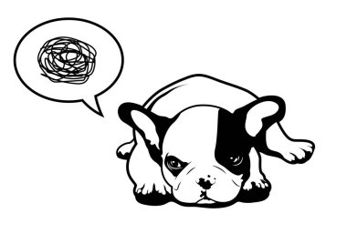Oldukça üzgün bir Fransız. Küçük bir Fransız Bulldog sinirli bir ruh hali içinde karamsar bir düşünce balonuyla uzanıyor..