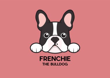 Şirin küçük bir Fransız masanın kenarına sıkışmış ve biraz yiyecek bekliyor. Fırınlanmış Fransız Bulldog Logosu. Bu Fransız serisi, portre tarzı..