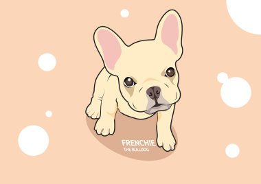 Pembe noktalı daireler çizen sevimli Fransız suratı. Belirsizliğini ifade eden sevimli bir köpeğin vektör çizimi. Sevimli ve eğlenceli tasarım..