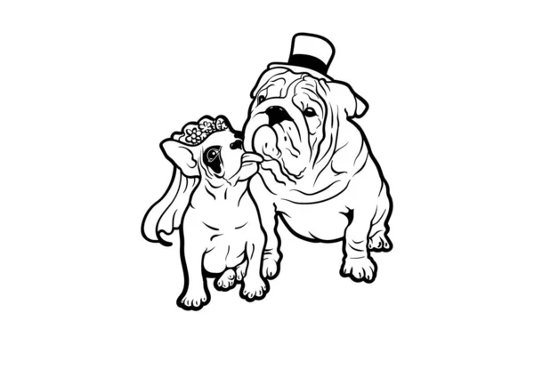 French Bulldog Bulldog Couple Black White Black White Vector Illustration — Stock Vector