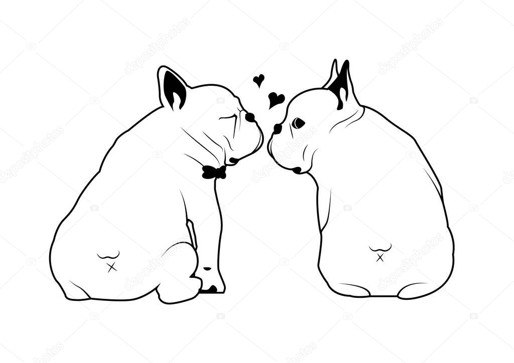 Cute French Bulldog Love Kissing Black and White Logo. Charming black and white logo of a cute French Bulldog sharing love with a gentle kiss. Heartfelt and adorable design.