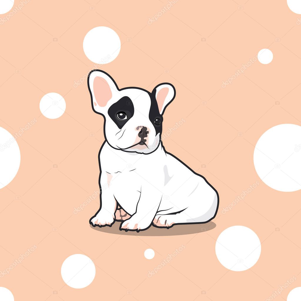 Cute Little Frenchie is sitting on the white dot-pink seamless pattern background. Is he looking for something?