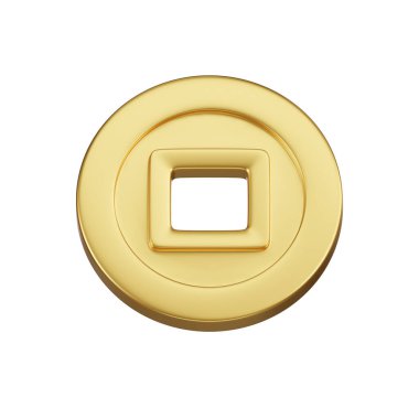 Geleneksel bir Çin altın sikkesini tasvir eden 3 boyutlu bir ikon kare bir delikle, genellikle zenginlik ve refahı temsil eder..