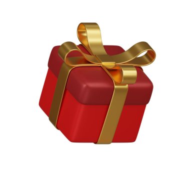 Zarif kırmızı bir hediye kutusunun 3 boyutlu bir simgesi. Parlak altın bir kurdeleyle bağlanmış. Çin Yeni Yılı kutlamaları sırasında sık görülen bir manzara..