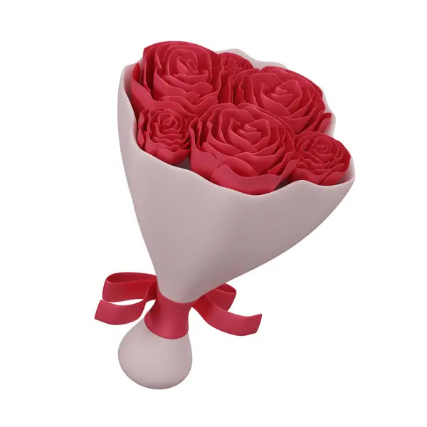 A charming 3D icon of a rose bouquet wrapped in a white cone with a silky red ribbon, perfect for romantic gestures.