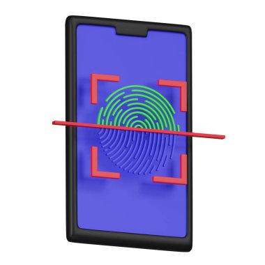 Güvenli biyometrik doğrulamayı temsil eden, parmak izi tarama sembollü bir cep telefonunu gösteren üç boyutlu bir simge.