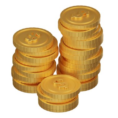 Dolar işaretli, zenginliği, mali tasarrufları veya yatırım büyümesini gösteren, parlayan altın para yığınlarını gösteren gerçekçi bir 3D simgesi.