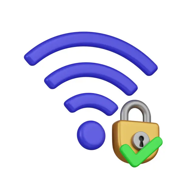 Korumalı bir kablosuz ağ bağlantısını işaret eden asma kilit ve kontrol işaretli güvenli bir WiFi sinyalini temsil eden üç boyutlu bir simge.