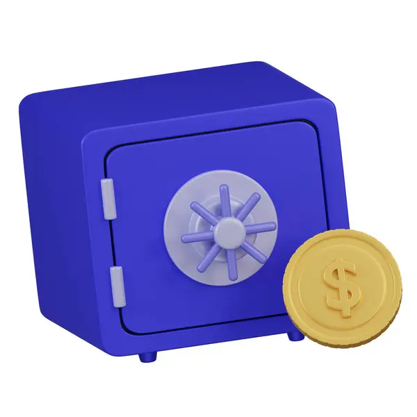 3D rendering of a secure blue safe box with a large gold coin, symbolizing financial security and savings.