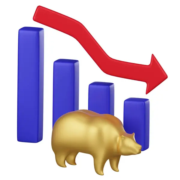 3D icon featuring a golden bear and a descending red arrow above blue bars, symbolizing a bearish trend in financial markets.