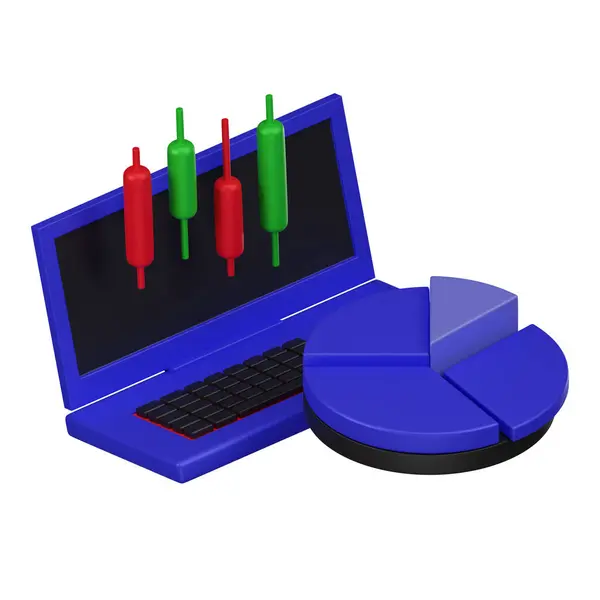 A 3D icon showcasing a laptop with candlestick trading graphics and a pie chart, representing an investment portfolio analysis tool.