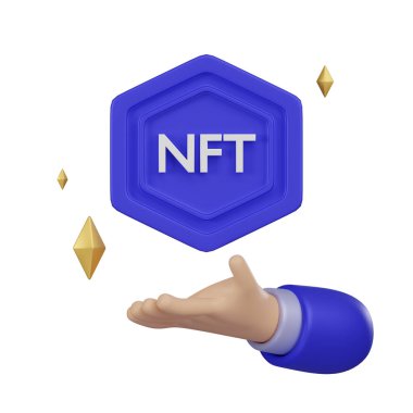 A visually striking 3D icon of a hand presenting a hexagonal NFT symbol, representing the concept of owning digital assets in the form of Non-Fungible Tokens. clipart