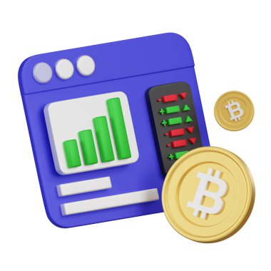 Bir kripto para piyasasının analitik çizelgeleri ve bir Bitcoin sembolüyle üç boyutlu temsili, mali izleme tasviri.