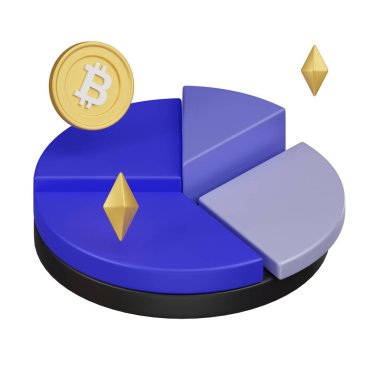 Şifreleme para yatırımlarının çeşitlendirilmesini temsil eden, segmentleri ve Bitcoin parasıyla bir pasta grafiğinin 3 boyutlu çizimi.