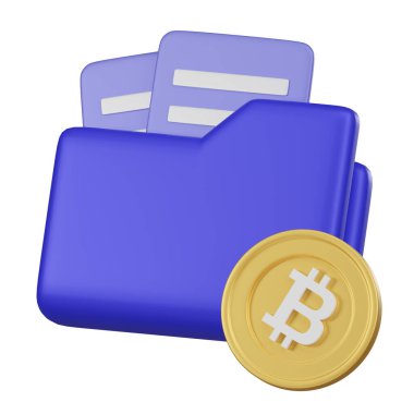 Bir kripto para portföyünü sembolize eden mavi bir klasörün 3 boyutlu görüntüsü, yatırım varlıklarını temsil eden altın bir Bitcoin ile.