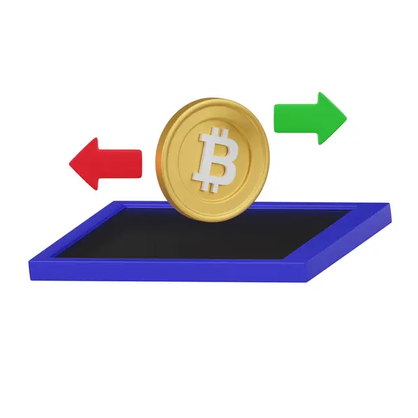 Bir platformda şifreli oklarla dengelenmiş, şifreli para takasını temsil eden altın bir Bitcoin tasvir eden bir resim..