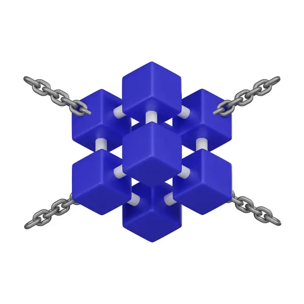 用蓝色3D块和金属链描绘的概念性区块链网络的数字图像 — 图库照片