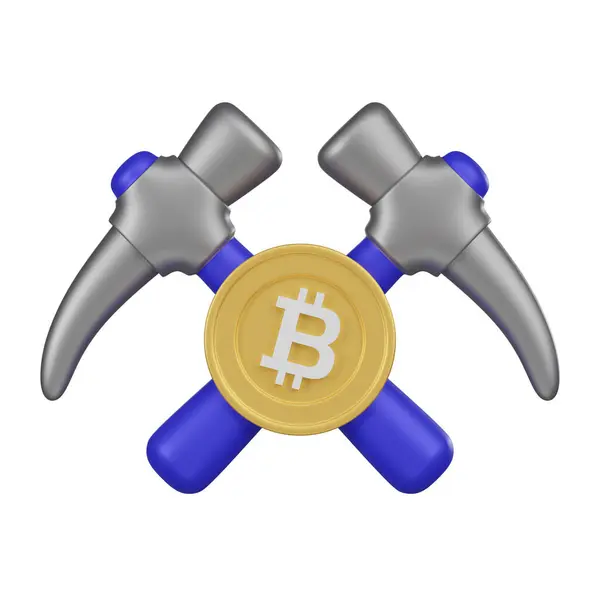 Bu 3D resimde bir Bitcoin 'in üzerinden geçen iki kazma görülüyor, kripto para madenciliğinin yoğun çalışmalarını temsil ediyor..