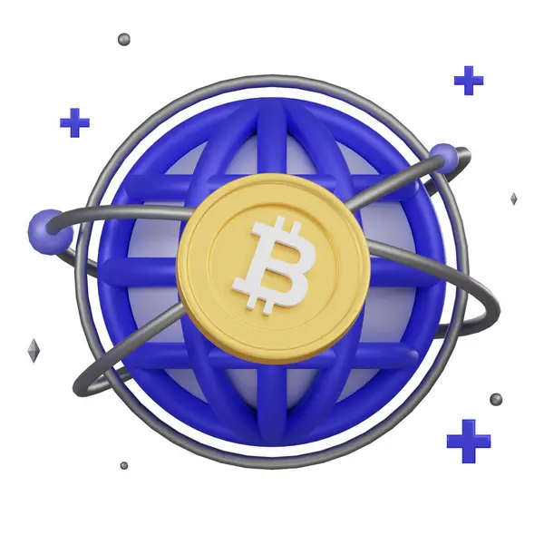 加密货币社区的符号表示 其中心的Bitcoin 3D图标被连接的网络节点环绕 图库图片