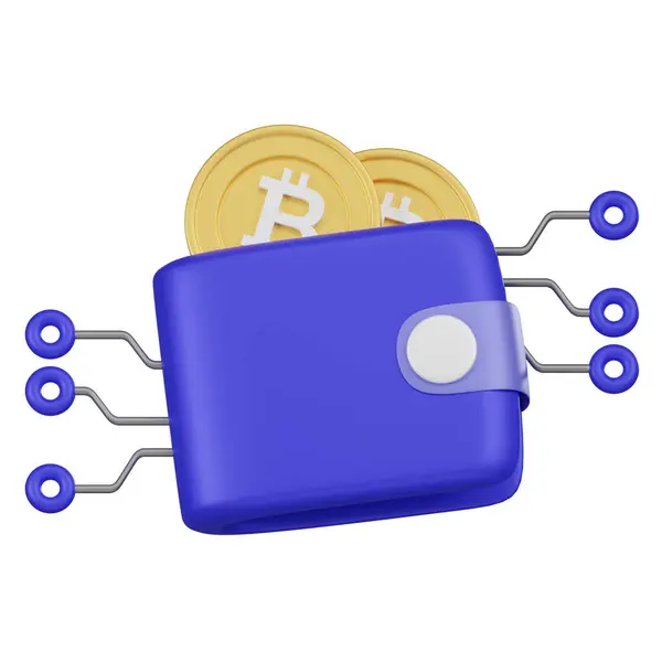 一个连接电路的蓝色数字钱包的3D图形 比特币正在出现 代表一个加密货币钱包 图库图片