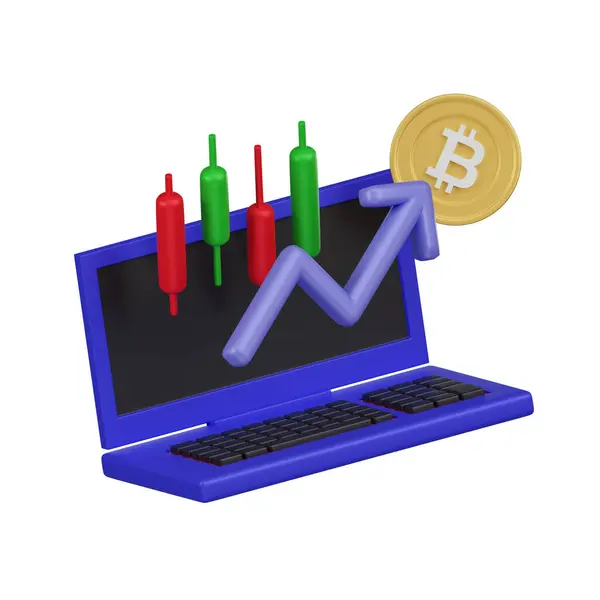 显示股票市场烛台图和比特币的笔记本电脑的3D插图 象征着加密货币交易活动 图库照片