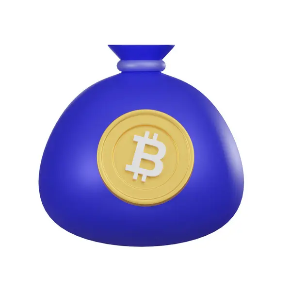 一个带有比特币标识的蓝色钱袋的生动的3D图片 代表了加密货币投资基金的概念 免版税图库图片