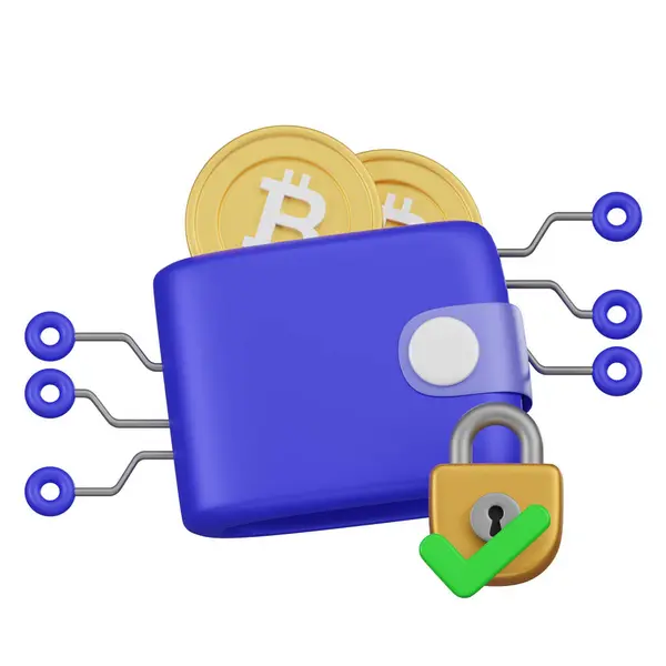 一个3D图像展示了一个带有比特币标识的蓝色密码钱包 由一个高级锁保护 强调了钱包安全性的增强 免版税图库照片
