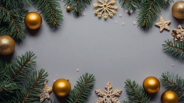 Karanlık bir arka planda süslemeleri ve konileri olan altın noel ağacı, düz uzanma, yazı için boşluk. Noel tebrik kartı şablonu, yeni yıl 20.