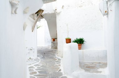 Eski kasabada dar bir sokak, Naxos, Yunan adası.